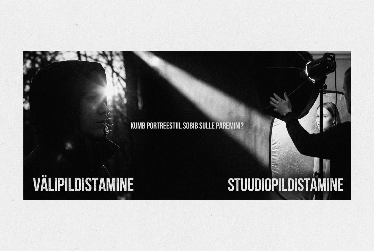 Professional header image for comparison analysis: Välipildistamine vs stuudiopildistamine: kumb portreestii...