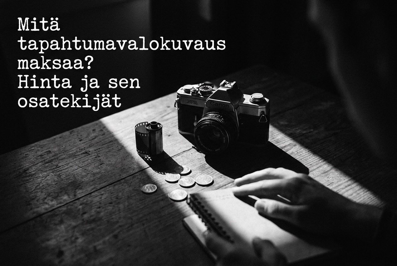 Professional header image for industry analysis: Mitä tapahtumavalokuvaus maksaa? Hinta ja sen osatekijät