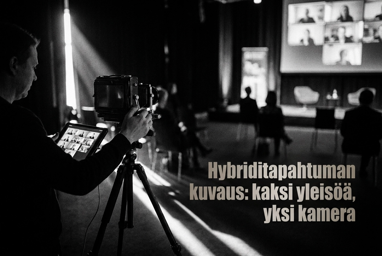 Professional header image for step-by-step guide: Hybriditapahtuman kuvaus: kaksi yleisöä, yksi kamera