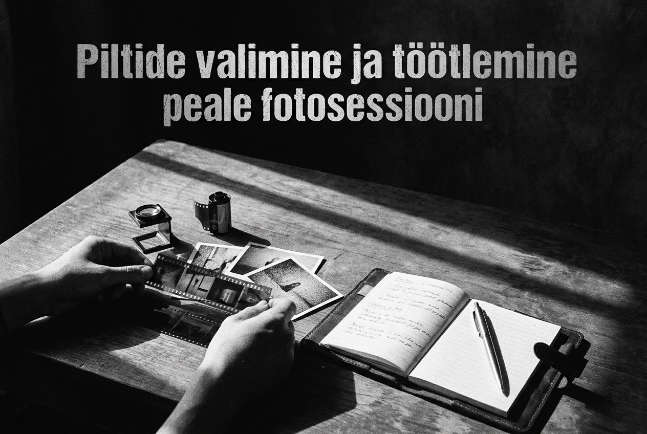 Professional header image for educational tutorial: Piltide valimine ja töötlemine peale fotosessiooni