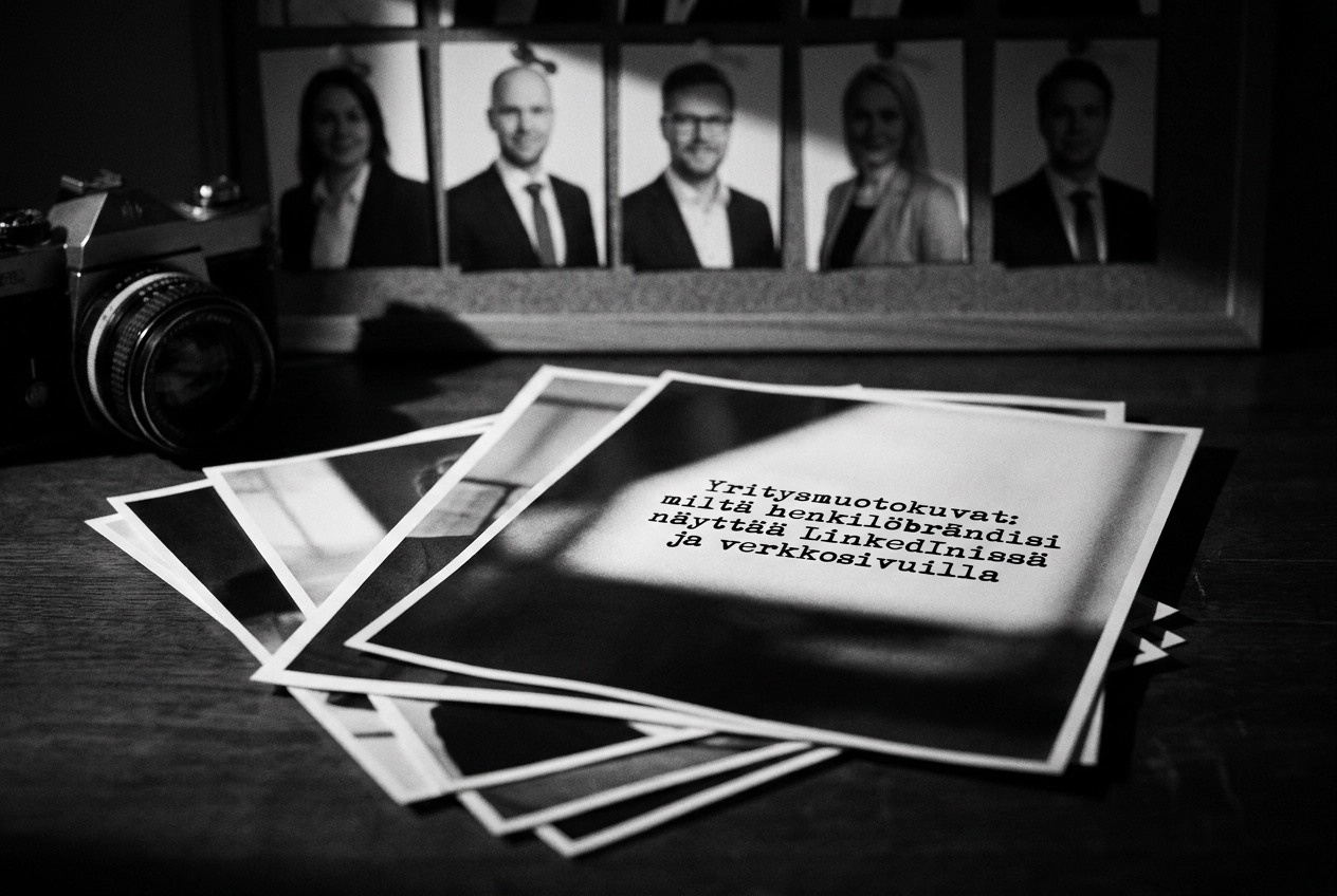 Professional header image for educational tutorial: Yritysmuotokuvat: miltä henkilöbrändisi näyttää LinkedIni...